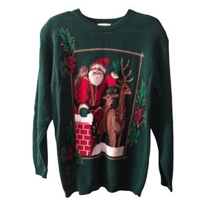 VTG Susan Bristol Christmas Sweater  Green Santa Raindeer Womens Med...